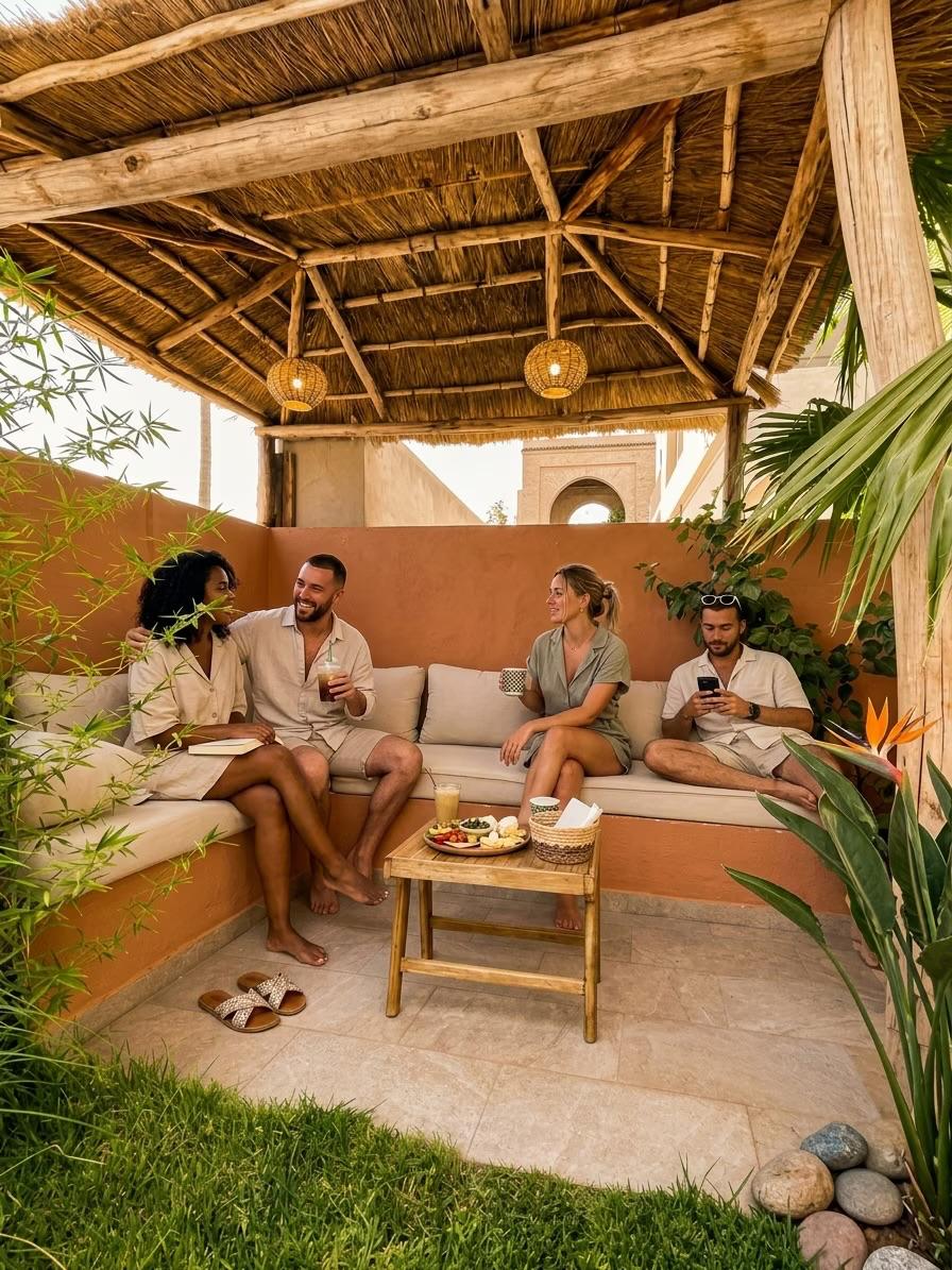 Voyageurs réunis dans le salon de jardin