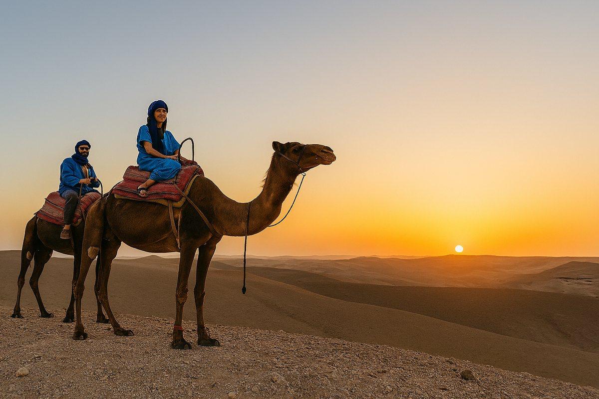 Balade à dos de dromadaire au coucher du soleil dans le désert d’Agafay